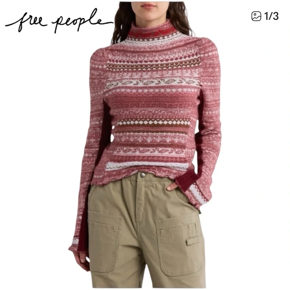 Free People Red & White Fair Isle Turtleneck Sweater